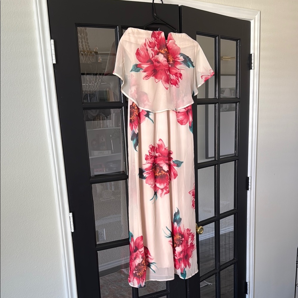 Strapless Floral Maxi Dress with Pink and Red Blooms